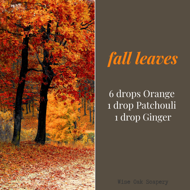 Fall Leaves
    6 drops Orange
    1 drop Patchouli
    1 drop Ginger