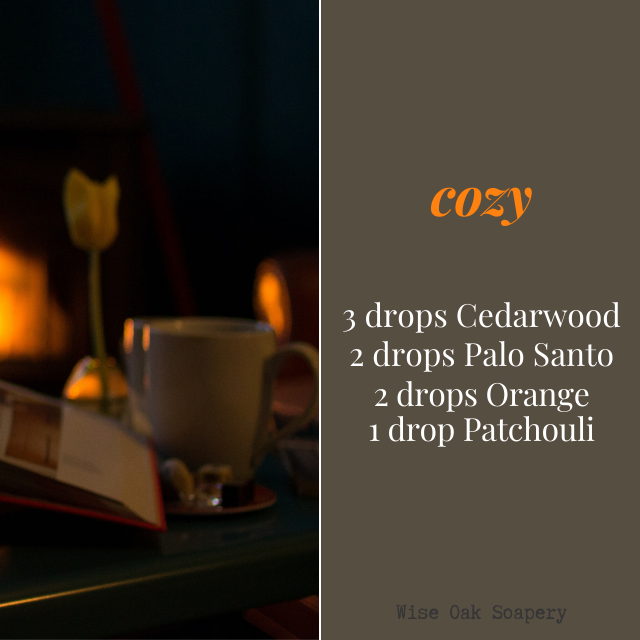 Cozy
    3 drops Cedarwood
    2 drops Palo Santo
    2 drops Orange
    1 drop Patchouli